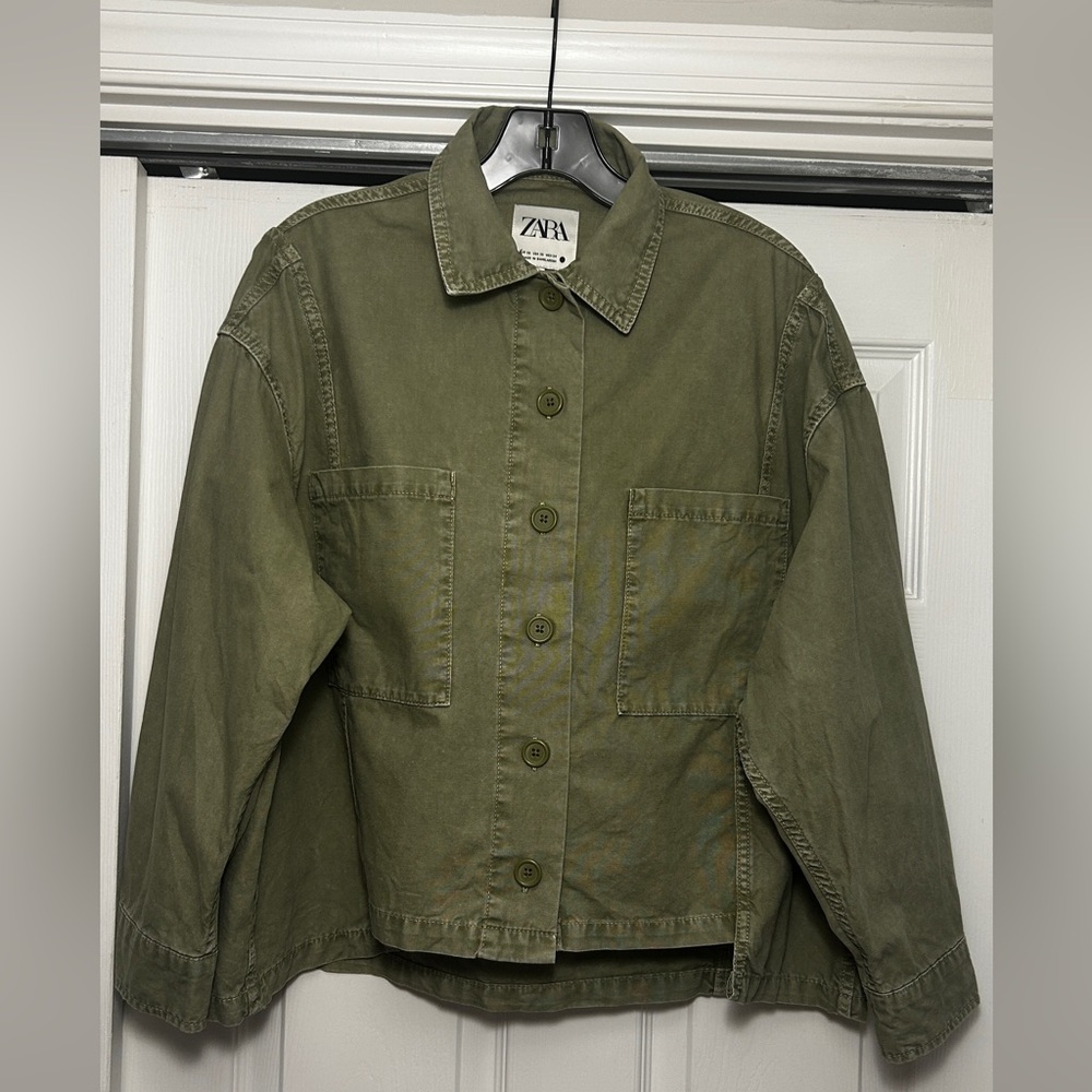 Zara Relaxed Fit Olive Khaki Green Utility Style Jacket US 2 XS Cotton Oversized